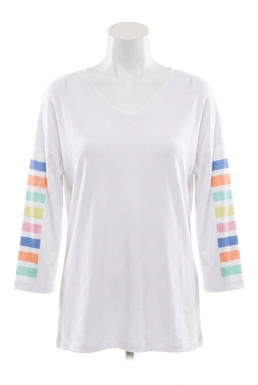NEW ANGEL 3/4 sleeve stripe v neck top in white combo